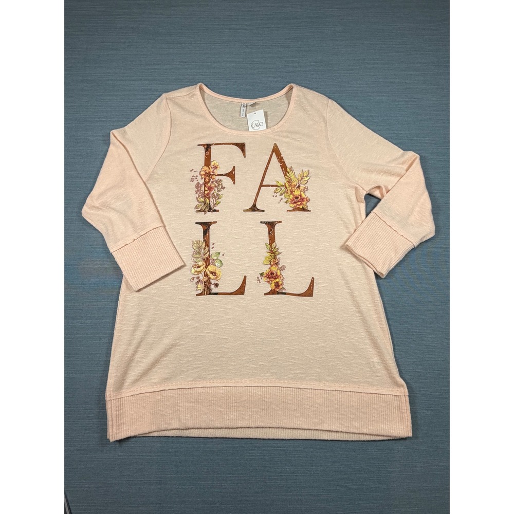 Cato Womens Peach Fall Floral Graphic Top Long Sleeve Ribbed Knit Shirt Medium